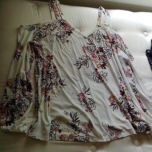White floral v neck spaghetti long sleeve blouse